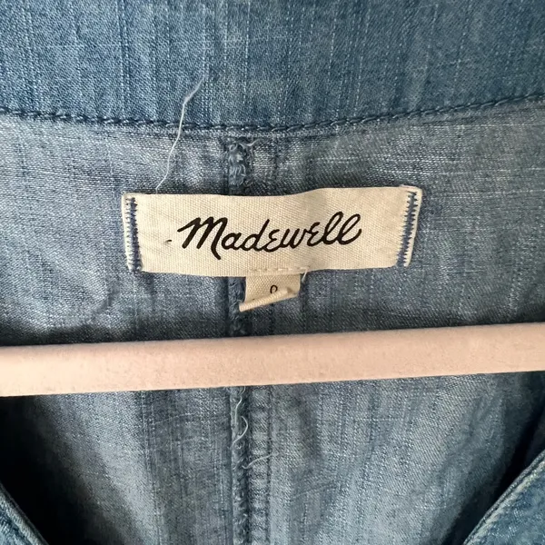 Madewell Blue Denim Jumpsuit Cotton Blend size‎ 0 Puff Sleeve Button Front - Image 8