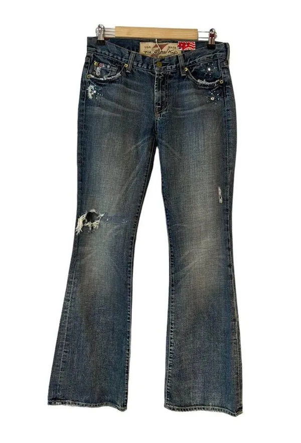 7 For All Mankind boot cut distressed bejeweled denim jeans Excellent Like New! - Image 2