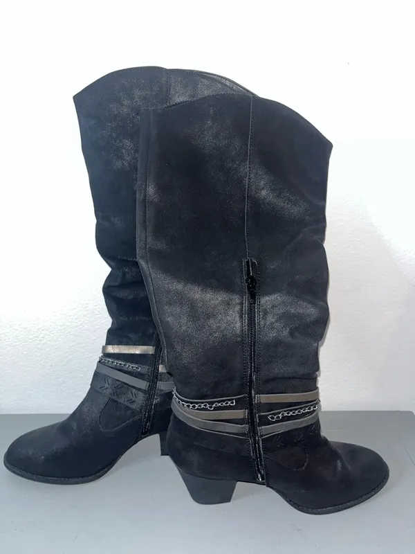 Jellypop Kylee Chain Strap Gunmetal Metallic Brushed Moto Boho Knee Zip Boots 10 - Image 8