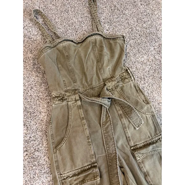 Free People Olive Green Utility Cargo Jumpsuit Cutout Back XS - Image 2