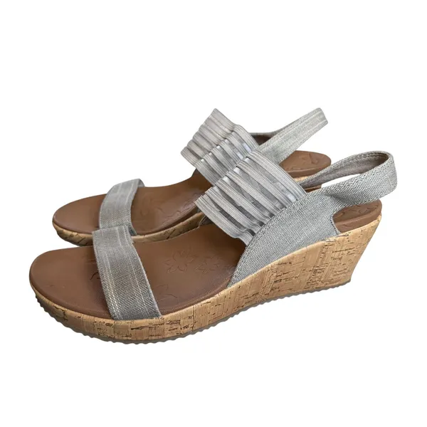 Skechers Luxe Foam Wedge Sandals Womens 10 Taupe Silver Stretch Slingback 31597 - Image 5