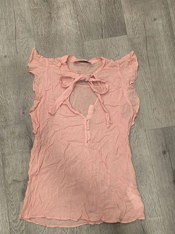 Abercrombie & Fitch Sheer Light Pink Ruffle Sleeve Tie-Neck Blouse Womens Size S - Image 2