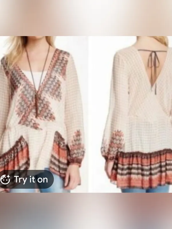 Free People Boho V-Neck Peplum Tunic with Red & Black Geometric Print - Image 12