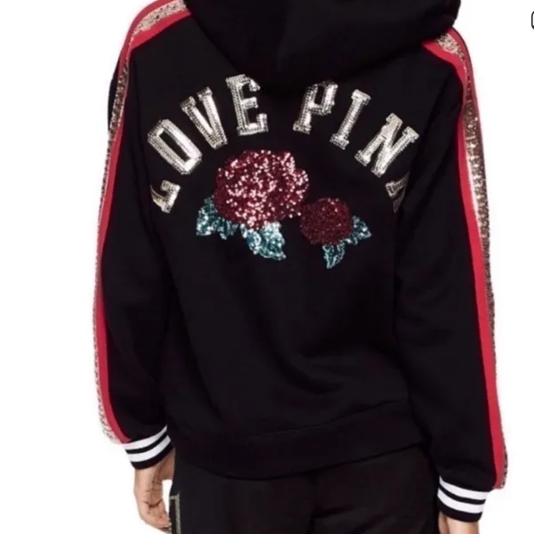 Victorias Secret PINK sequin Rose Bling Lace-up hoodie RARE medium - Image 3