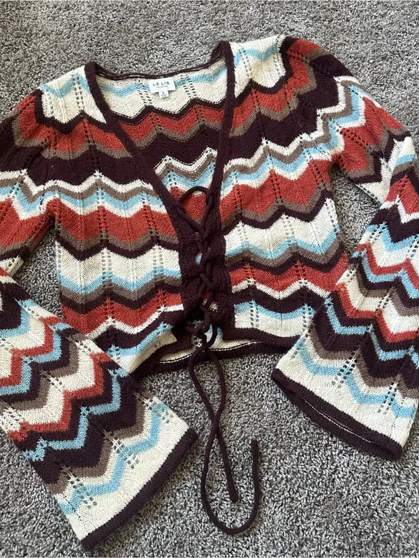 Le Lis Multicolor Chevron Lace-Up Cardigan in Cream, Rust, Burgundy & Light Blue - Image 2