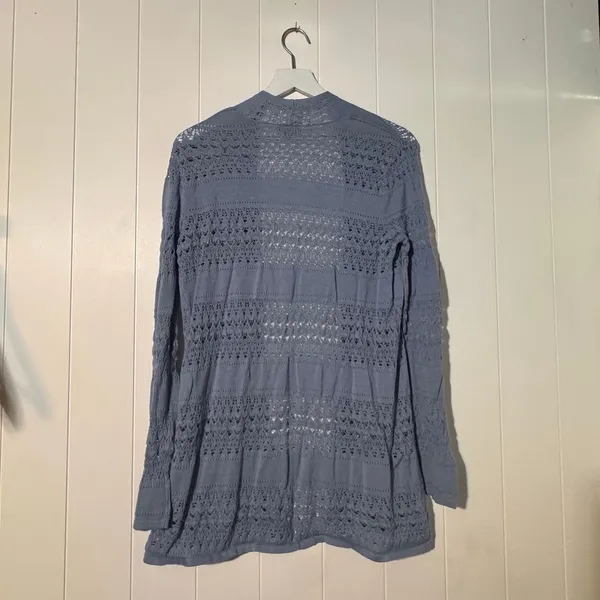 J Jill Open Front Cardigan Womens Medium Blue Open Knit 100% Mercerized Cotton - Image 3