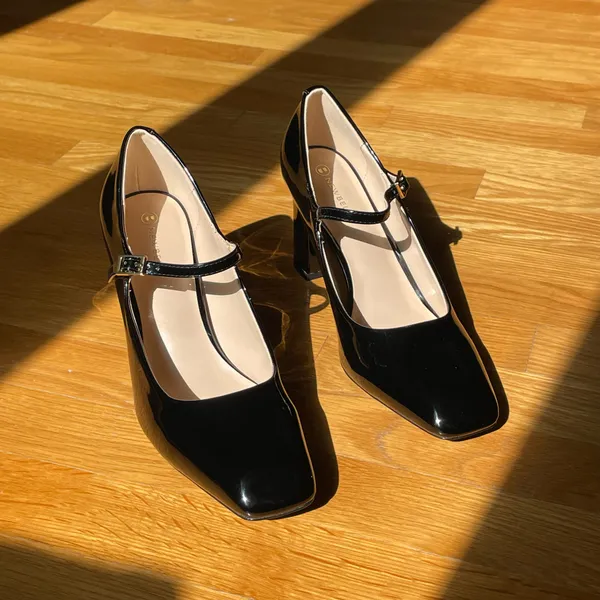 Newbella Women’s Size 7 Black Patent Mary Jane Block Heel Pumps Square Toe - Image 5