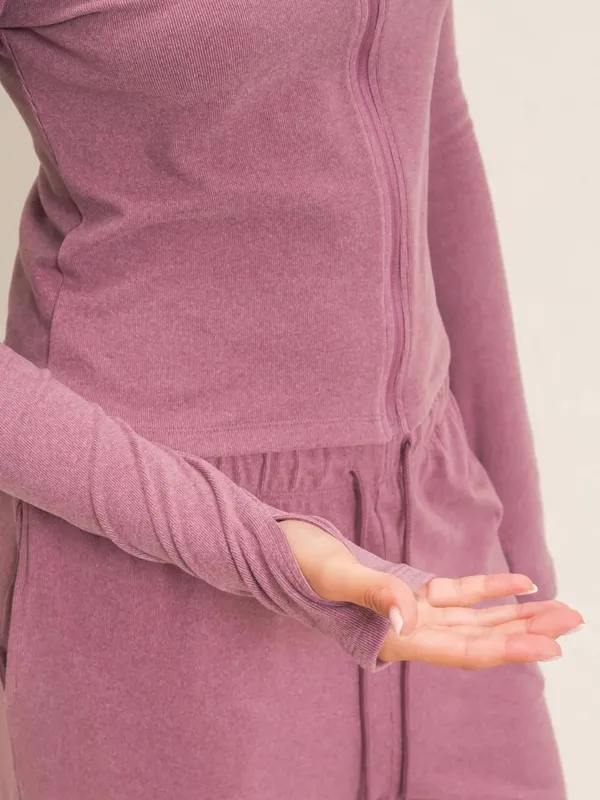 Dusty Mauve Plum Zip Up Top Wide Leg Pants Set Small - Image 4
