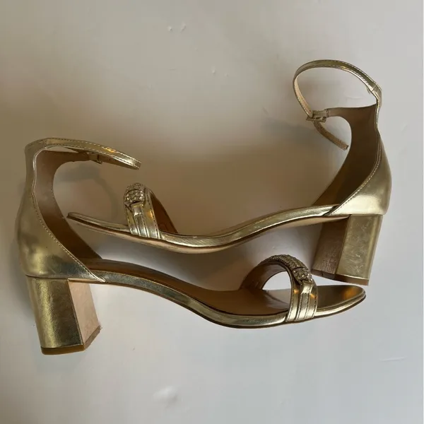 Gold with Rhinestones Ramsay Jewel Badgley Mischka Open Toe Block Heels Size 10 - Image 10