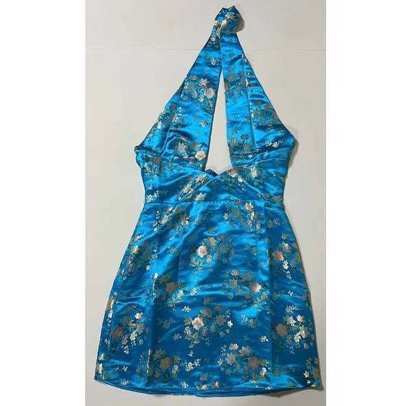 Blue Floral Satin Silk Criss-Cross Halter Mini Dress Size S 💙✨ - Image 2
