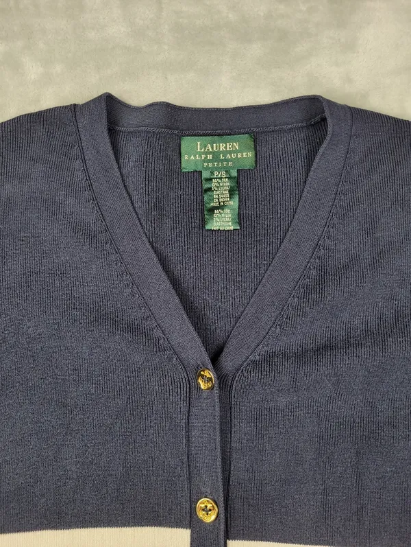 Lauren Ralph Lauren Navy Striped Silk Blend Cardigan Gold Button Petite S - Image 3