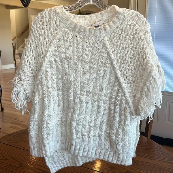 Crochet Sweater Beige Fringe One Size XS S M L - Image 8