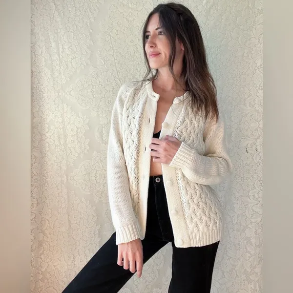 Vintage White Cable Knit Button Up Cardigan Sweater - Image 2