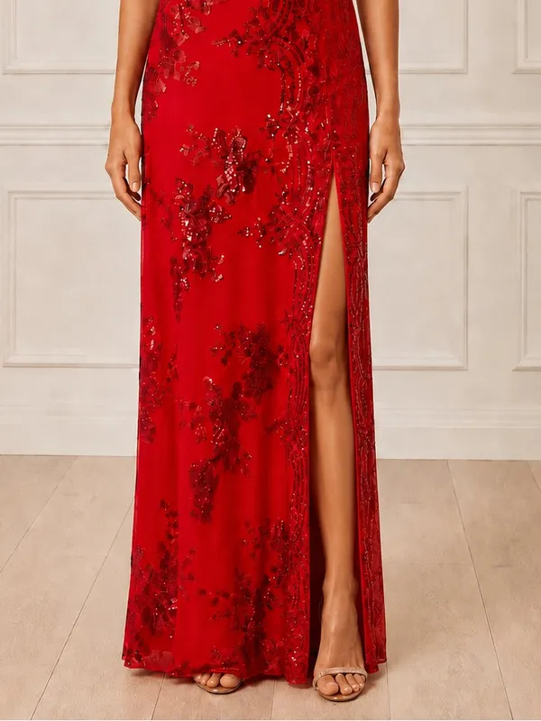 NWT Southern Fried Chics Gown Medium Red Sequin Floral One Shoulder Maxi Dress - Image 9