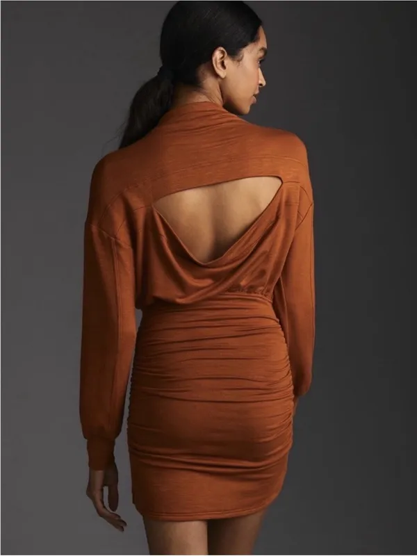 NWT Anthroplogie Daily Practice Ruched Cozy Dress Medium Brown Long Sleeve Fall - Image 3