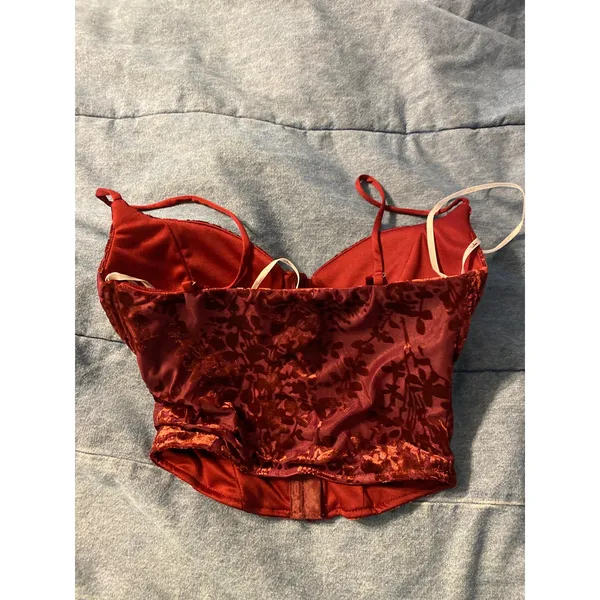 NWT Lulus Burgundy Velvet Floral Corset Top Bustier Hook-Eye Front Size XS - Image 4