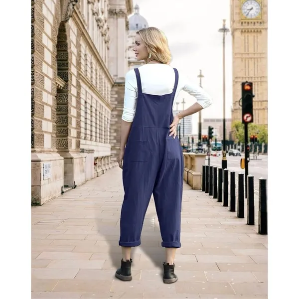 NEW Blue Linen blend Loose Bib Pants Overalls Jumpsuits Pockets M - Image 2