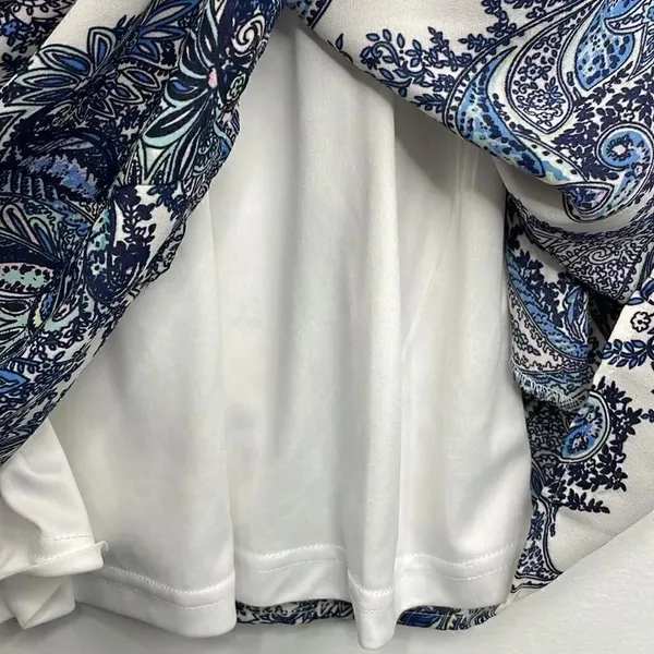 DR2 by Daniel Rainn Blue White Paisley Shift Dress Tassel Tie Neck Split MEDIUM - Image 12