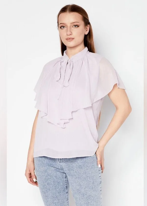 Ralph Lauren Tie-Neck Crinkle Georgette Cape Blouse in Light Purple, Size XL NWT - Image 3