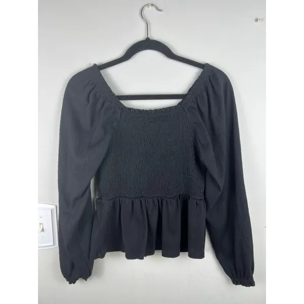 Women's Old Navy Black Long Sleeve Smocked Peplum Top S - Image 4