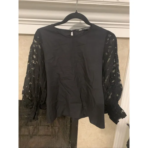 Zara Women Sleeve Top Black Organza Ballon Size Small - Image 3