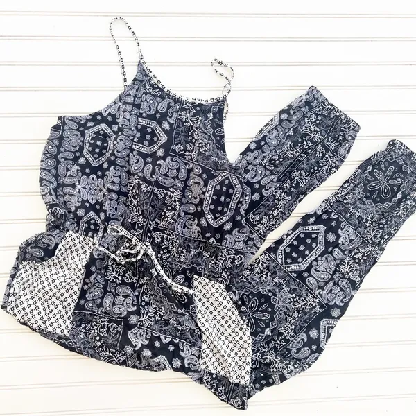 Loom & Thread Jumpsuit Large Paisley Patchwork Black White Boho Halter‎ Neck - Image 3