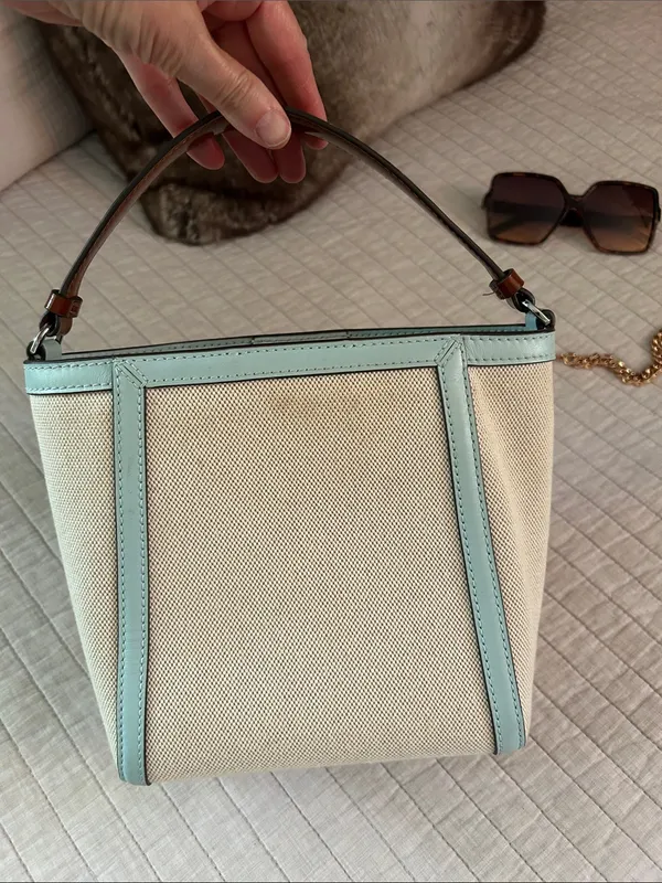 Tory Burch McGraw bucket canvas small tote bag cream blue - Image 10