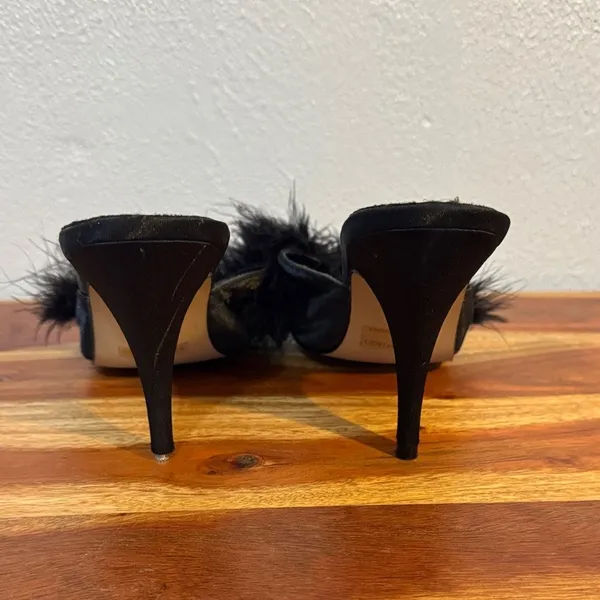 Vintage Y2K Frederick's of Hollywood Black Marabou Feather Satin Peep Toe Heel - Image 7