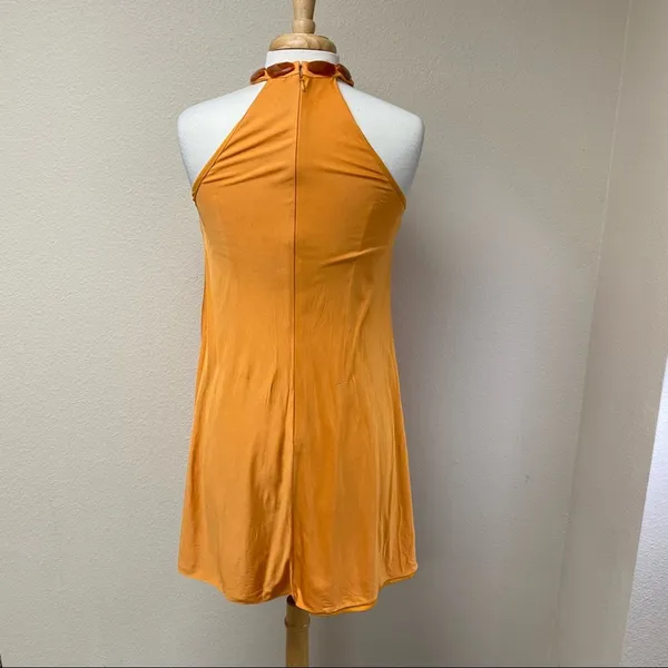 Badgley Mischka Orange Jeweled Halter Draped Mini Dress Est XS - Image 3