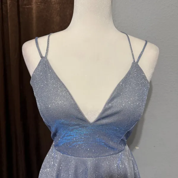 Windsor Light Blue Glitter Skater Dress Siz S V-Neck Lace Up Back Mini Prom Glam - Image 11