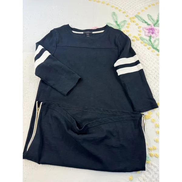J.Crew Women's Black Midi Dress 3/4‎ Sleeve White Stripe Side Zip Size S - Image 5