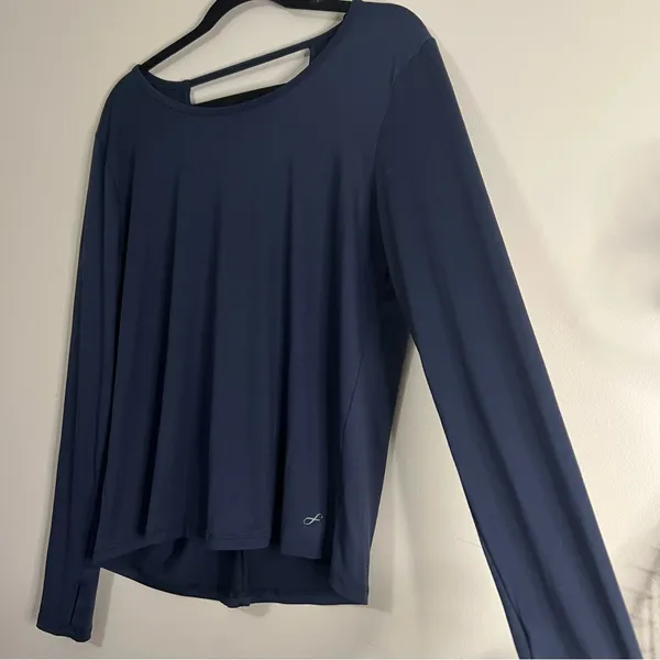 Freely Long‎ Sleeve Workout Top Navy Blue M Open Back Thumb Holes - Image 2