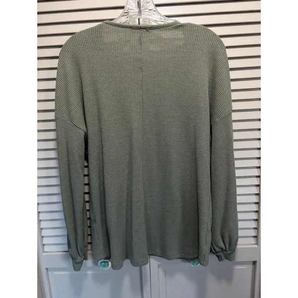 BTFBM Green Thermal Long Puff‎ Sleeve Top Big Buttons Size Medium Crew Soft - Image 5