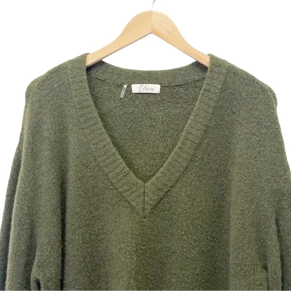 Elan Olive Green Wool Fox Blend Sweater Medium V Neck Balloon Sleeve Oversized - Image 3
