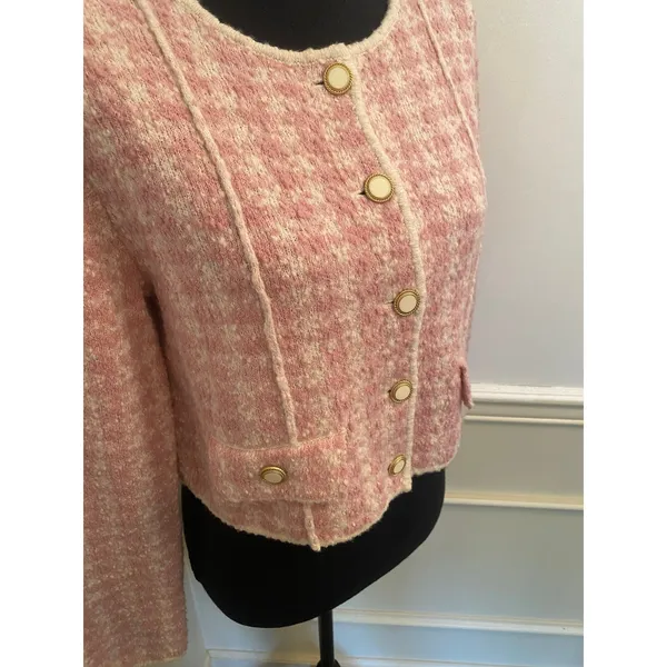 & Other Stories Pink and White Tweed Knit Cropped Cardigan Jacket Button Front - Image 2
