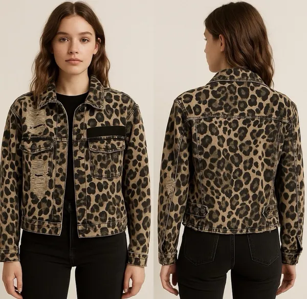 Dance And Marvel Leopard Distressed denim Jacket, Fits Med (D27) - Image 2
