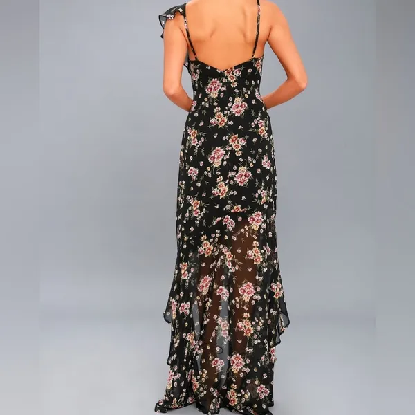Lulus Harmonia Black Floral Print High-Low Maxi Dress - Image 3