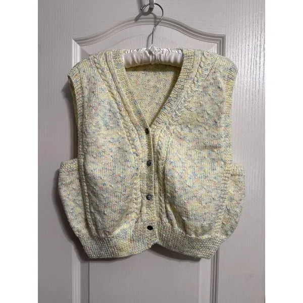 Vintage Butter Yellow Cropped Cable Knit Sweater‎ Vest Cardigan Cottage Granny - Image 2