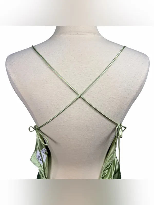 PRINCESS POLLY Chartreuse Satin‎ Tie Shoulder Straps Ruched Mini Dress, Size 4 - Image 6