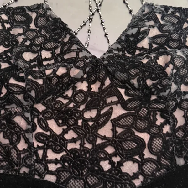 Y2K Whimsigoth Burnout Velvet Cami Top Beaded Lace Fair Grunge Size M Black - Image 6