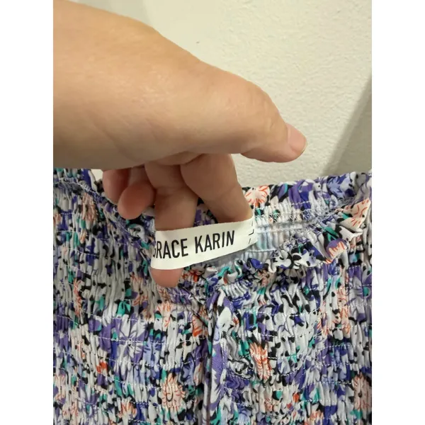 Grace Karin Floral Smocked Midi Dress Purple Blue Ruffle High Low Hem Large - Image 5