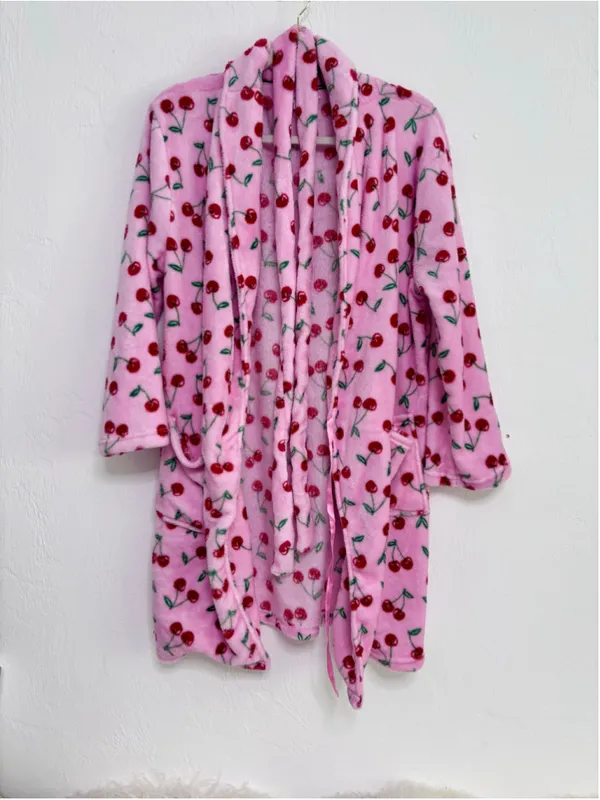 Women's Spoiled Angel Cherry Print Robe, Size M, Pink and Red - Image 8