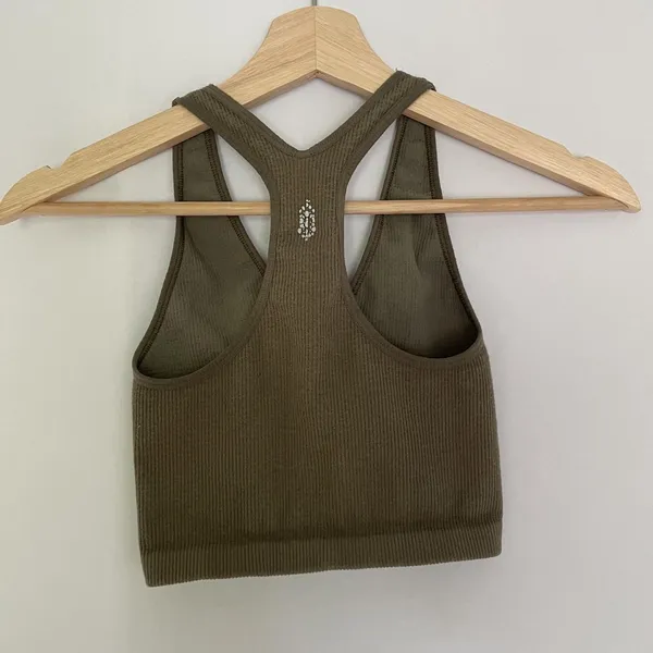 Free People Movement Happiness Runs Crop Top XS Khaki Green Women Ribbed V-Neck - Image 6