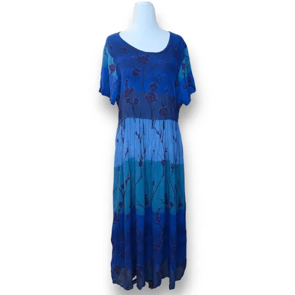 Vintage 90s Ombre Blue Dark Floral Crinkle Dress Short Sleeve Maxi‎ Festival - Image 11