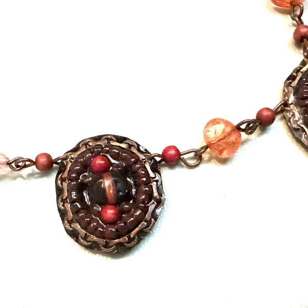 Unique Bronze and Pink Beaded Pendant Necklace - Image 5