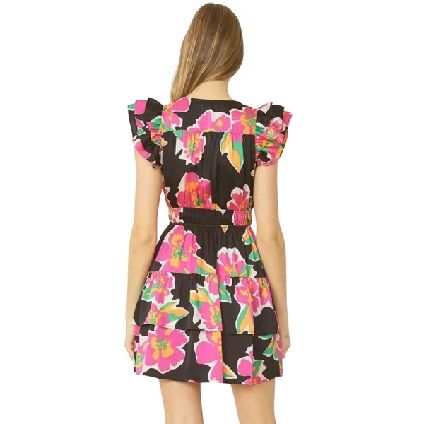 Entro Floral Mini Dress Womens M Black Pink Ruffle Boho Feminine Romantic Dainty - Image 2