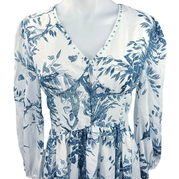 Commense Multicolor Floral Print Long Sleeve V-Neck A-Line Blue White Midi Dress - Image 3