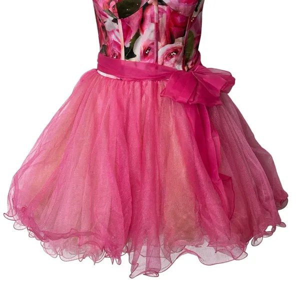 Sherri Hill Y2K VTG Bright Pink Floral Silk Tulle Tutu Prom Dress Size 4 - Image 5
