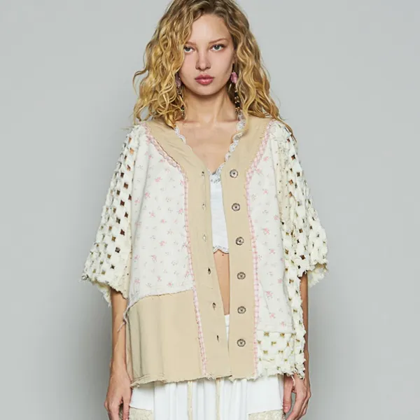 M POL Patchwork Cream and Beige Crochet Sleeve Cardigan - Image 2