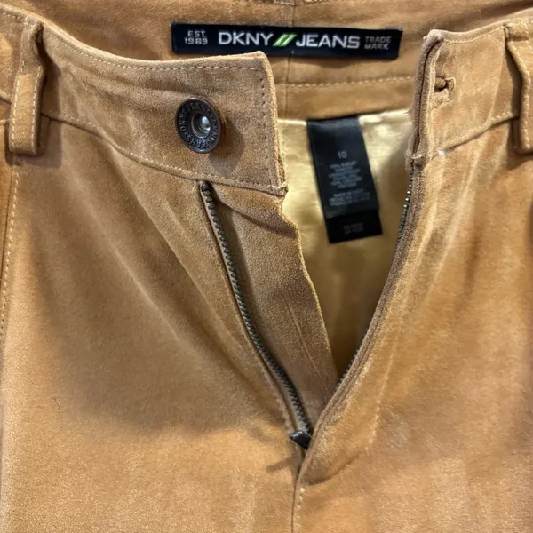 Y2K DKNY Tan Suede Leather Flared Pants Slit Trousers Fall Streetwear Retro - Image 10